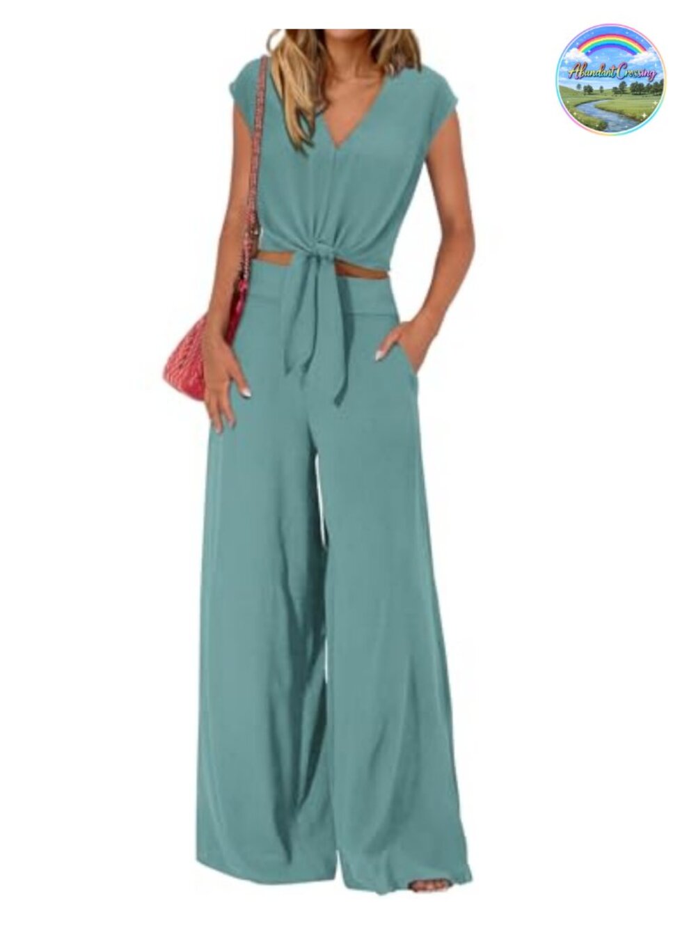 Women's Two Piece Lounge Set Cap Sleeve Crop Top Wide Leg Pants Casual Summer